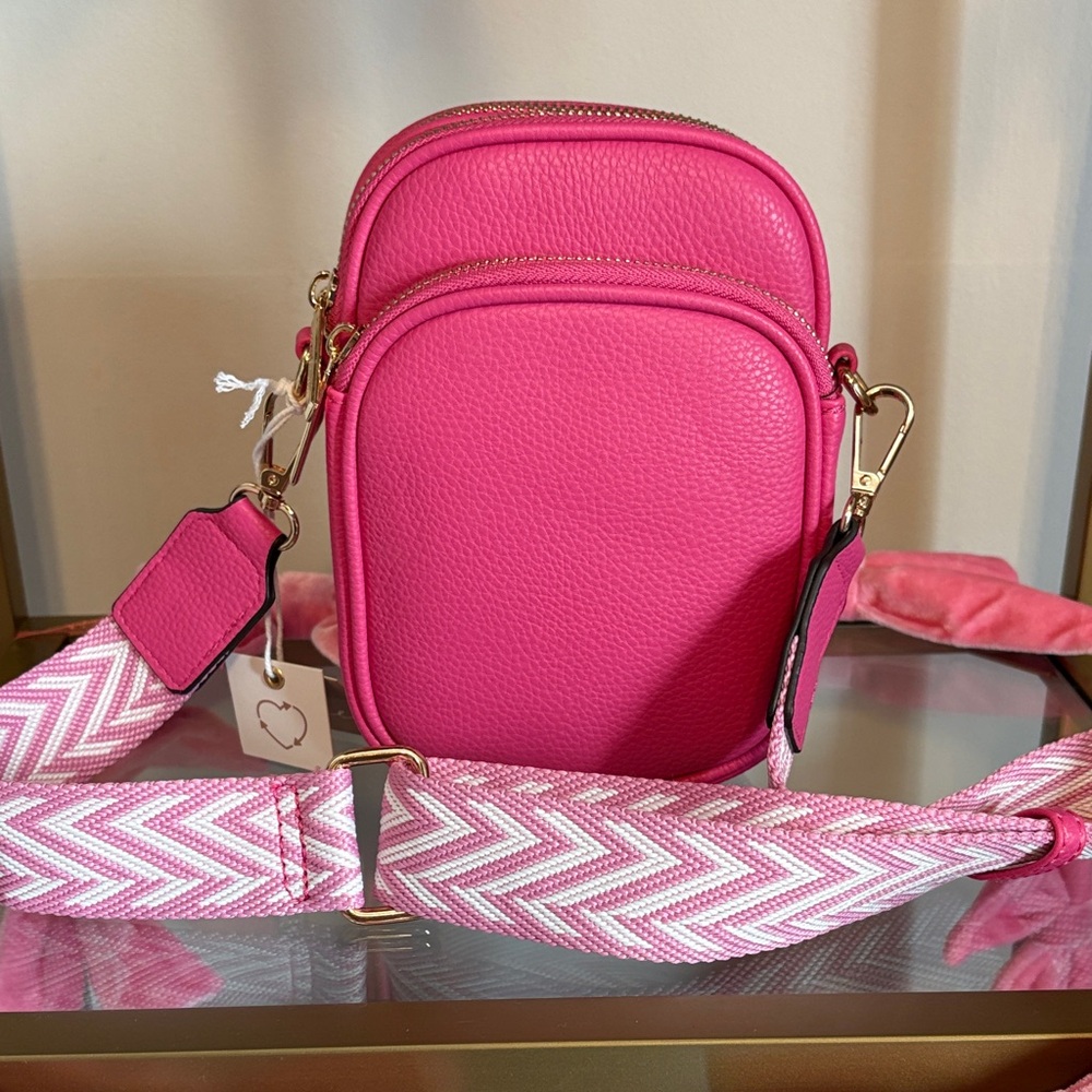 Vibrant Pink Crossbody Bag with Chevron Strap